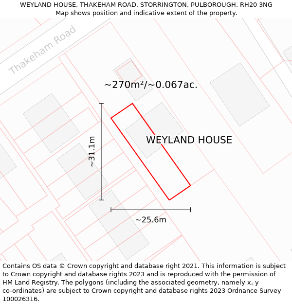 WEYLAND HOUSE, THAKEHAM ROAD, STORRINGTON, PULBOROUGH, RH20 3NG: Plot and title map