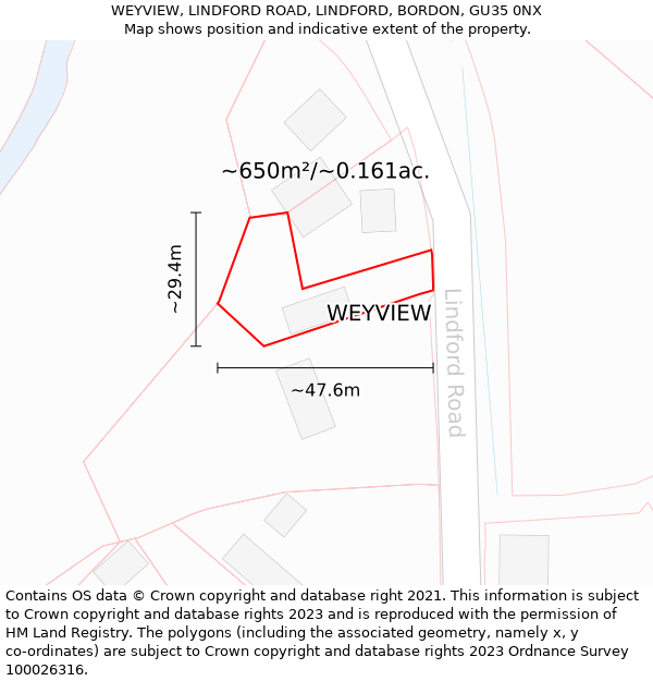 WEYVIEW, LINDFORD ROAD, LINDFORD, BORDON, GU35 0NX: Plot and title map