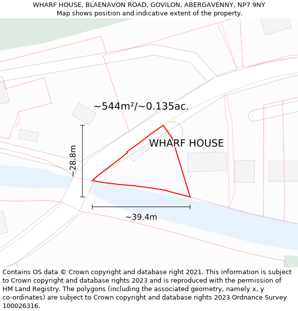 WHARF HOUSE, BLAENAVON ROAD, GOVILON, ABERGAVENNY, NP7 9NY: Plot and title map