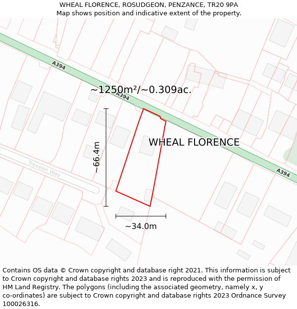 WHEAL FLORENCE, ROSUDGEON, PENZANCE, TR20 9PA: Plot and title map