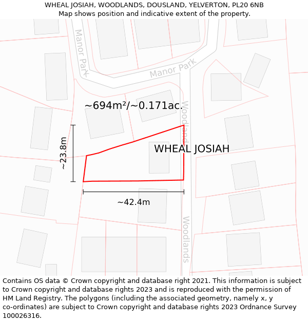 WHEAL JOSIAH, WOODLANDS, DOUSLAND, YELVERTON, PL20 6NB: Plot and title map