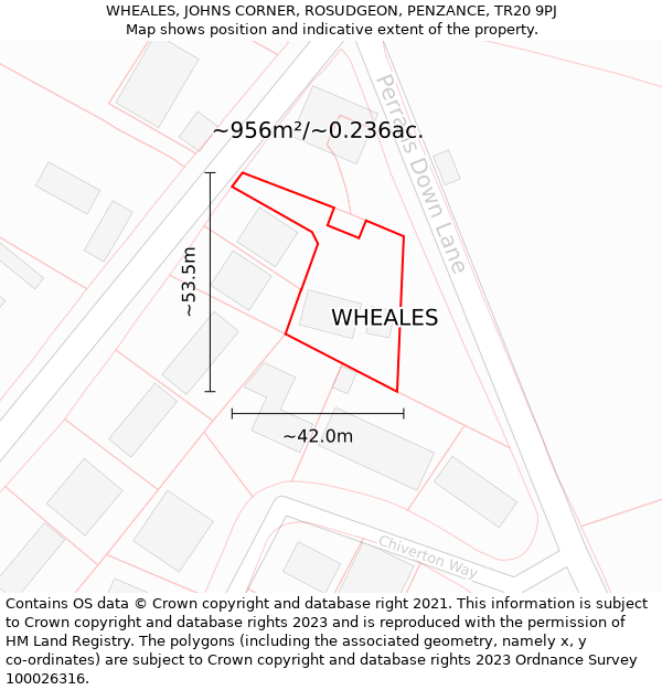 WHEALES, JOHNS CORNER, ROSUDGEON, PENZANCE, TR20 9PJ: Plot and title map