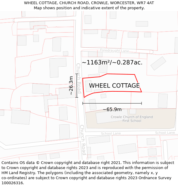 WHEEL COTTAGE, CHURCH ROAD, CROWLE, WORCESTER, WR7 4AT: Plot and title map