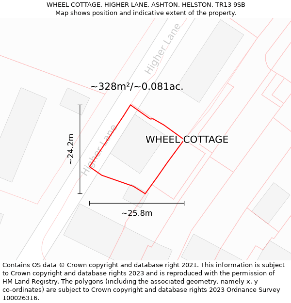 WHEEL COTTAGE, HIGHER LANE, ASHTON, HELSTON, TR13 9SB: Plot and title map