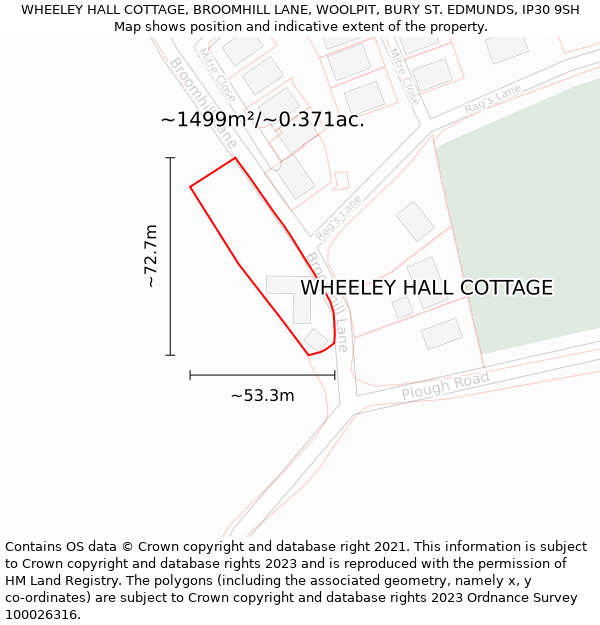WHEELEY HALL COTTAGE, BROOMHILL LANE, WOOLPIT, BURY ST. EDMUNDS, IP30 9SH: Plot and title map