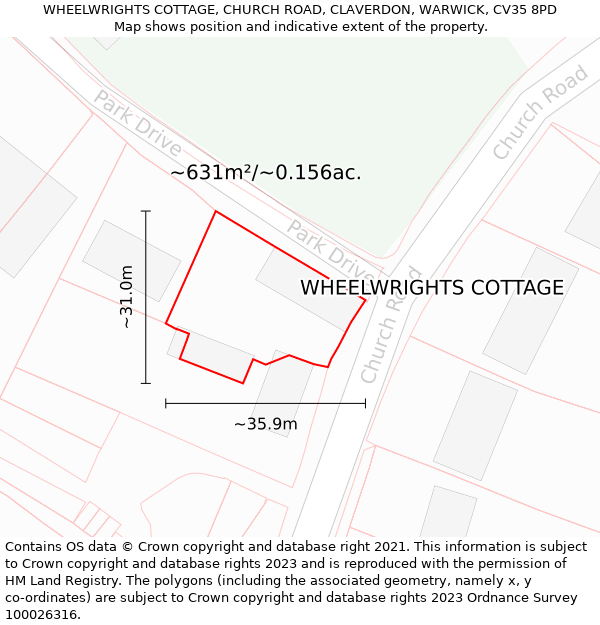 WHEELWRIGHTS COTTAGE, CHURCH ROAD, CLAVERDON, WARWICK, CV35 8PD: Plot and title map