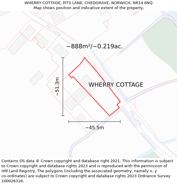 WHERRY COTTAGE, PITS LANE, CHEDGRAVE, NORWICH, NR14 6NQ: Plot and title map