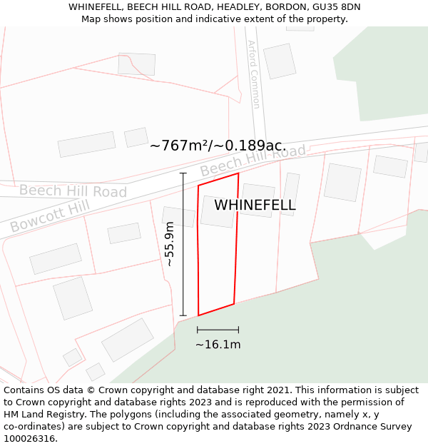 WHINEFELL, BEECH HILL ROAD, HEADLEY, BORDON, GU35 8DN: Plot and title map