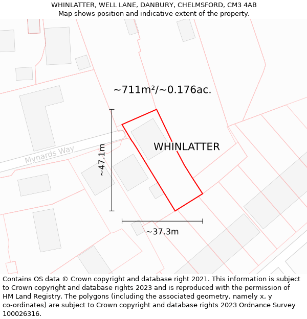 WHINLATTER, WELL LANE, DANBURY, CHELMSFORD, CM3 4AB: Plot and title map