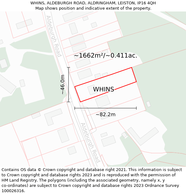WHINS, ALDEBURGH ROAD, ALDRINGHAM, LEISTON, IP16 4QH: Plot and title map