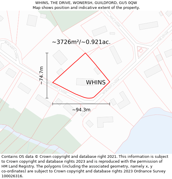 WHINS, THE DRIVE, WONERSH, GUILDFORD, GU5 0QW: Plot and title map