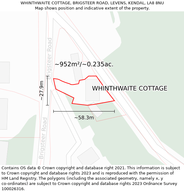 WHINTHWAITE COTTAGE, BRIGSTEER ROAD, LEVENS, KENDAL, LA8 8NU: Plot and title map