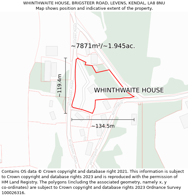 WHINTHWAITE HOUSE, BRIGSTEER ROAD, LEVENS, KENDAL, LA8 8NU: Plot and title map