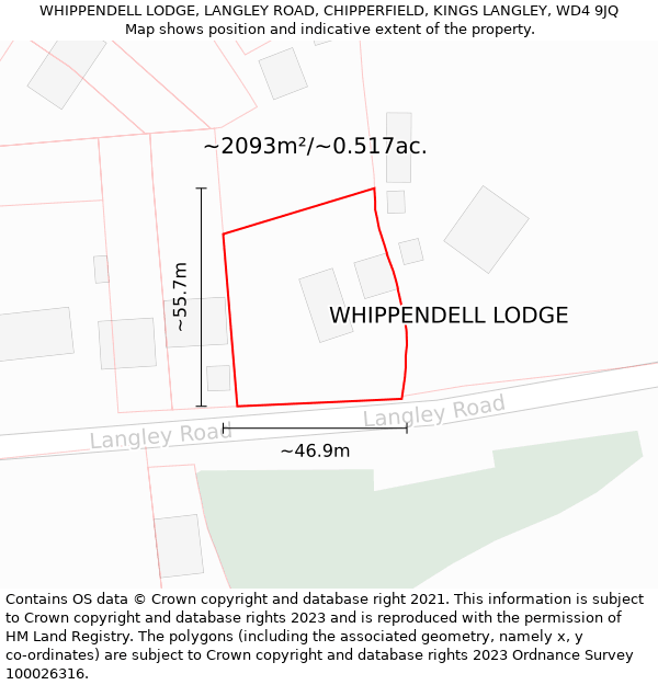 WHIPPENDELL LODGE, LANGLEY ROAD, CHIPPERFIELD, KINGS LANGLEY, WD4 9JQ: Plot and title map