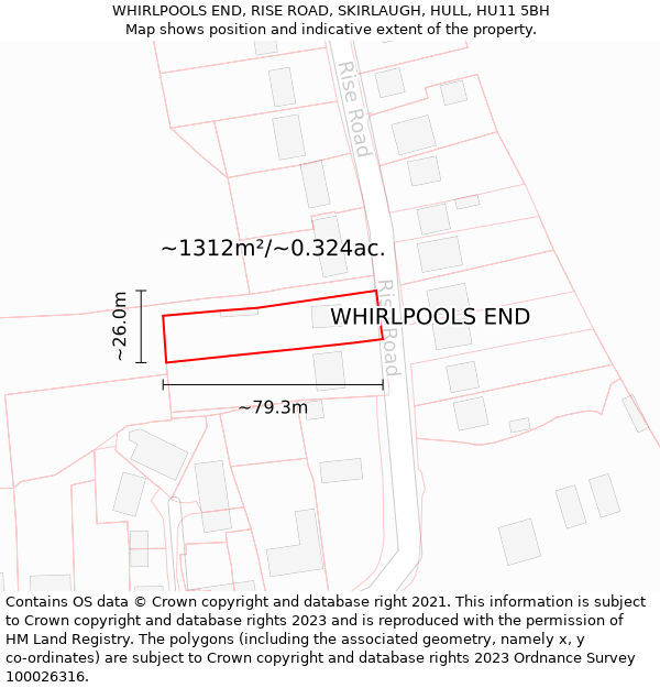 WHIRLPOOLS END, RISE ROAD, SKIRLAUGH, HULL, HU11 5BH: Plot and title map