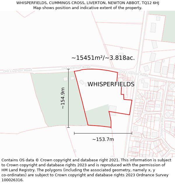 WHISPERFIELDS, CUMMINGS CROSS, LIVERTON, NEWTON ABBOT, TQ12 6HJ: Plot and title map