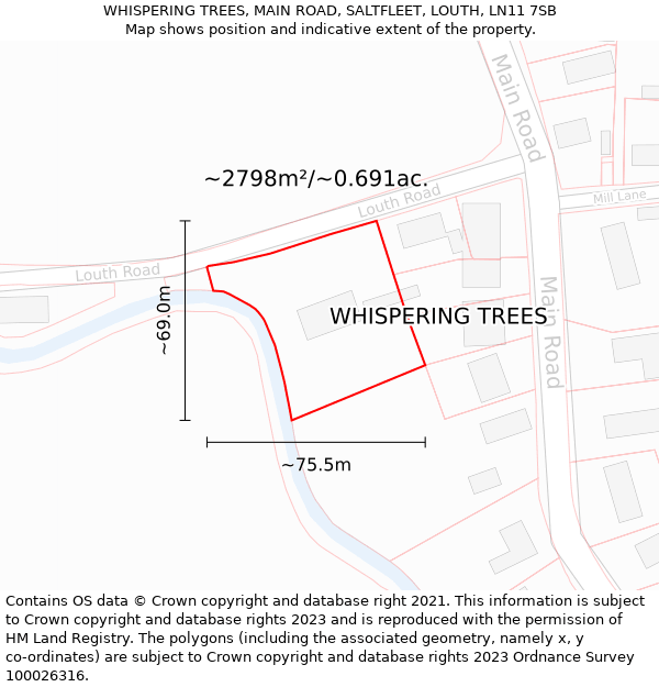 WHISPERING TREES, MAIN ROAD, SALTFLEET, LOUTH, LN11 7SB: Plot and title map