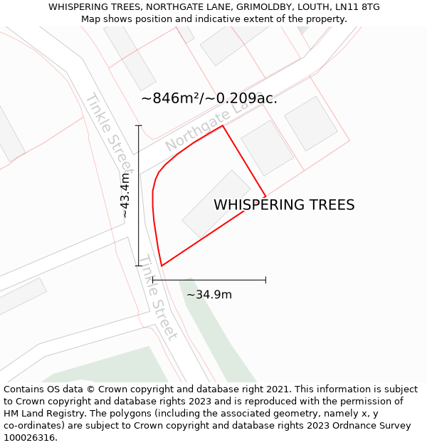 WHISPERING TREES, NORTHGATE LANE, GRIMOLDBY, LOUTH, LN11 8TG: Plot and title map