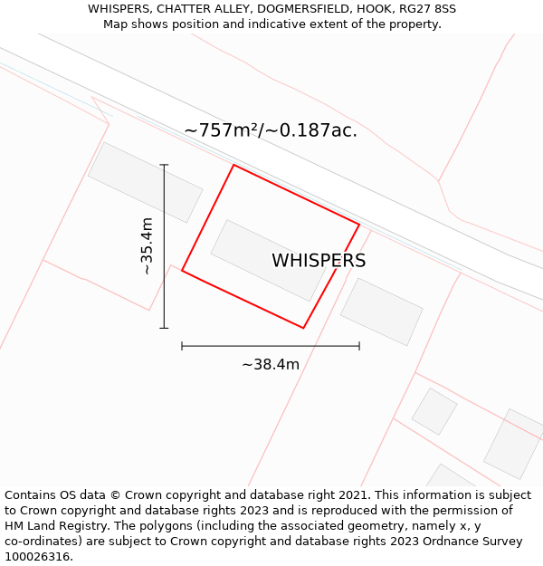 WHISPERS, CHATTER ALLEY, DOGMERSFIELD, HOOK, RG27 8SS: Plot and title map