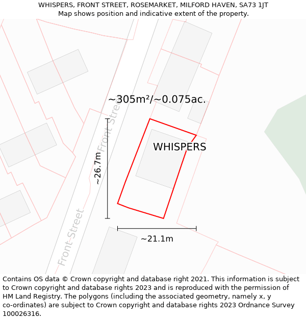 WHISPERS, FRONT STREET, ROSEMARKET, MILFORD HAVEN, SA73 1JT: Plot and title map