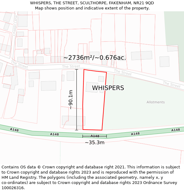 WHISPERS, THE STREET, SCULTHORPE, FAKENHAM, NR21 9QD: Plot and title map