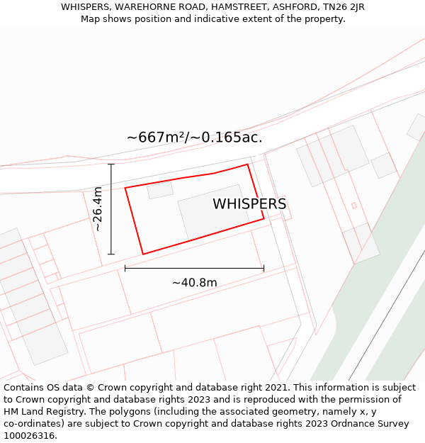 WHISPERS, WAREHORNE ROAD, HAMSTREET, ASHFORD, TN26 2JR: Plot and title map