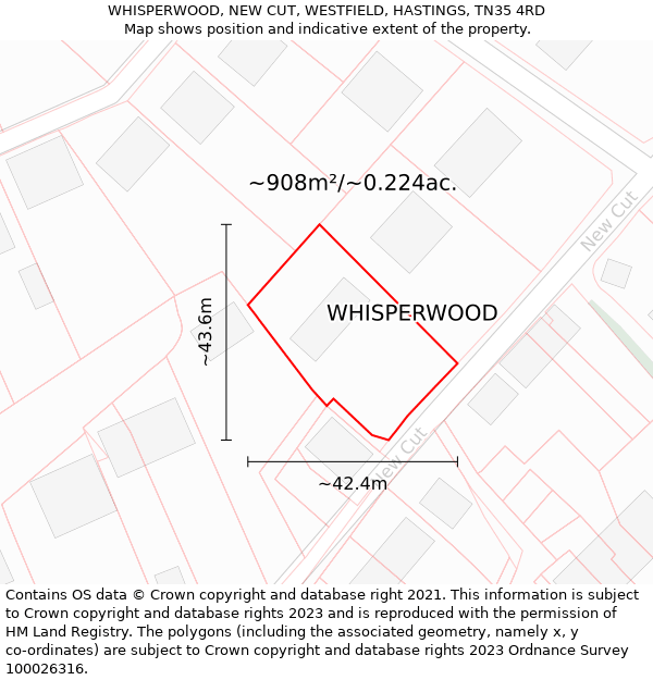 WHISPERWOOD, NEW CUT, WESTFIELD, HASTINGS, TN35 4RD: Plot and title map