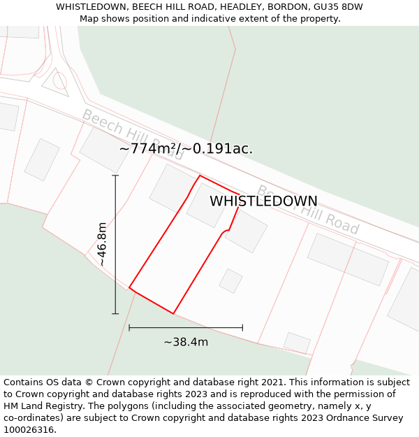 WHISTLEDOWN, BEECH HILL ROAD, HEADLEY, BORDON, GU35 8DW: Plot and title map