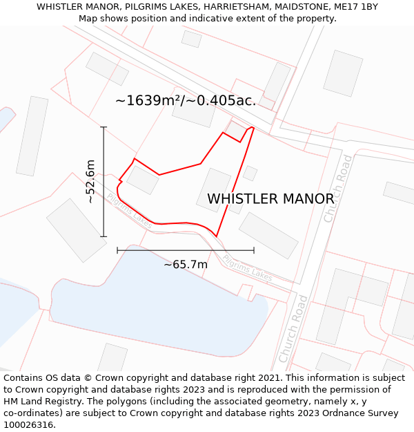 WHISTLER MANOR, PILGRIMS LAKES, HARRIETSHAM, MAIDSTONE, ME17 1BY: Plot and title map