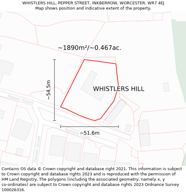 WHISTLERS HILL, PEPPER STREET, INKBERROW, WORCESTER, WR7 4EJ: Plot and title map