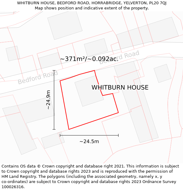 WHITBURN HOUSE, BEDFORD ROAD, HORRABRIDGE, YELVERTON, PL20 7QJ: Plot and title map