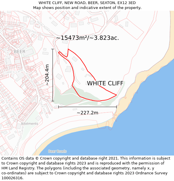 WHITE CLIFF, NEW ROAD, BEER, SEATON, EX12 3ED: Plot and title map