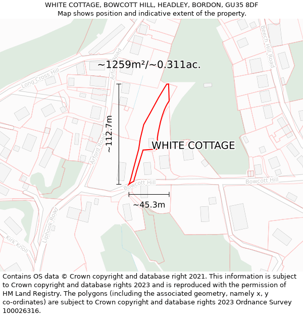 WHITE COTTAGE, BOWCOTT HILL, HEADLEY, BORDON, GU35 8DF: Plot and title map