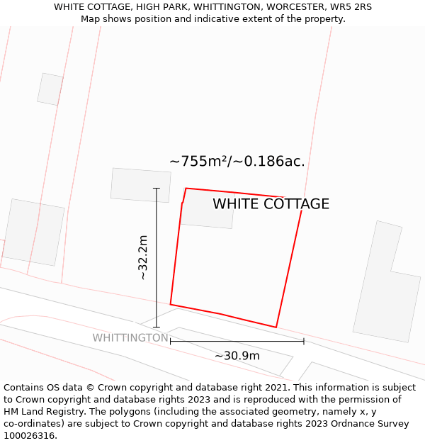 WHITE COTTAGE, HIGH PARK, WHITTINGTON, WORCESTER, WR5 2RS: Plot and title map