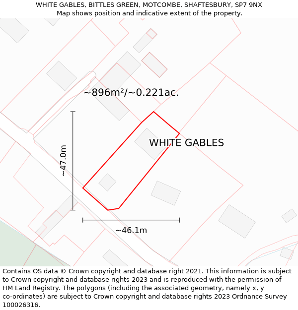 WHITE GABLES, BITTLES GREEN, MOTCOMBE, SHAFTESBURY, SP7 9NX: Plot and title map