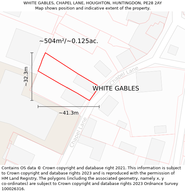 WHITE GABLES, CHAPEL LANE, HOUGHTON, HUNTINGDON, PE28 2AY: Plot and title map