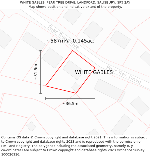 WHITE GABLES, PEAR TREE DRIVE, LANDFORD, SALISBURY, SP5 2AY: Plot and title map