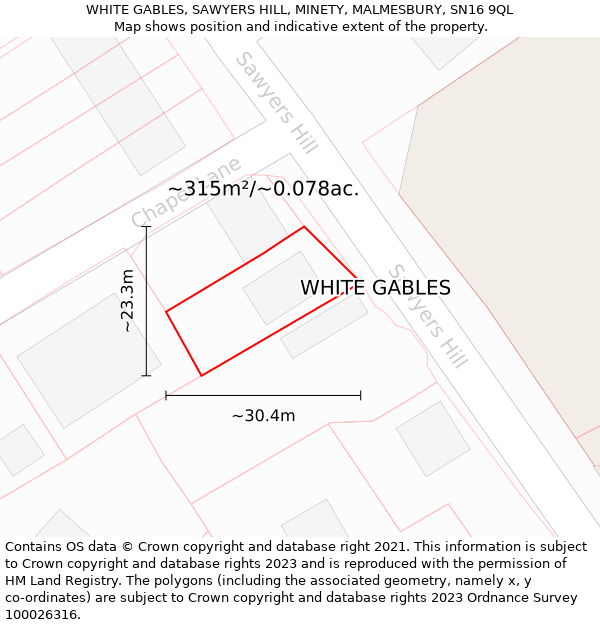 WHITE GABLES, SAWYERS HILL, MINETY, MALMESBURY, SN16 9QL: Plot and title map