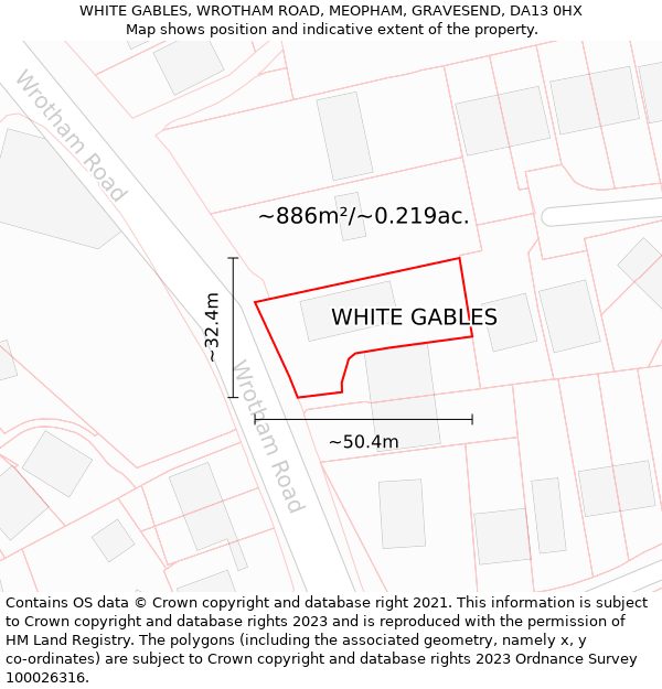 WHITE GABLES, WROTHAM ROAD, MEOPHAM, GRAVESEND, DA13 0HX: Plot and title map