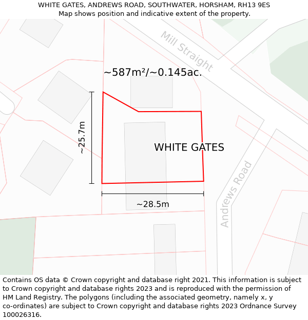 WHITE GATES, ANDREWS ROAD, SOUTHWATER, HORSHAM, RH13 9ES: Plot and title map