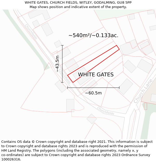 WHITE GATES, CHURCH FIELDS, WITLEY, GODALMING, GU8 5PP: Plot and title map