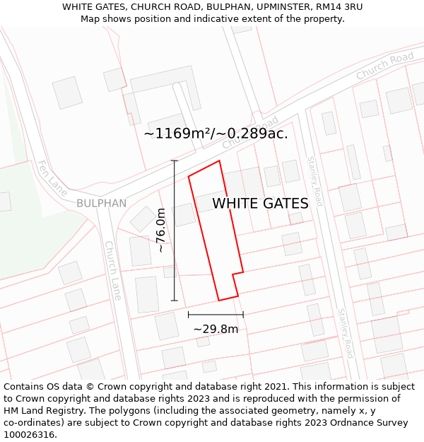 WHITE GATES, CHURCH ROAD, BULPHAN, UPMINSTER, RM14 3RU: Plot and title map