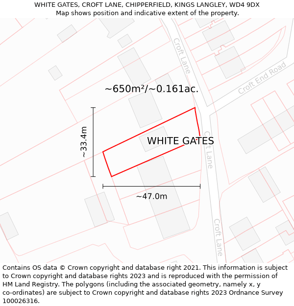 WHITE GATES, CROFT LANE, CHIPPERFIELD, KINGS LANGLEY, WD4 9DX: Plot and title map
