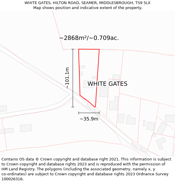 WHITE GATES, HILTON ROAD, SEAMER, MIDDLESBROUGH, TS9 5LX: Plot and title map