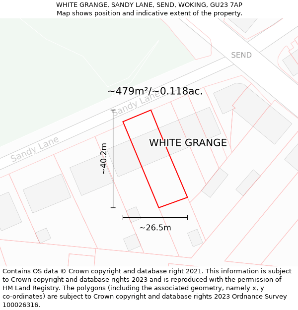 WHITE GRANGE, SANDY LANE, SEND, WOKING, GU23 7AP: Plot and title map