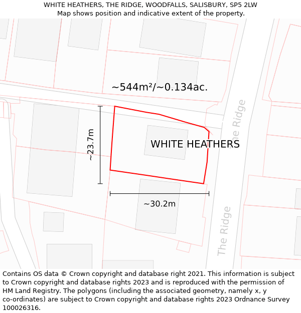 WHITE HEATHERS, THE RIDGE, WOODFALLS, SALISBURY, SP5 2LW: Plot and title map