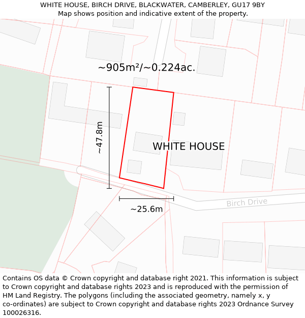 WHITE HOUSE, BIRCH DRIVE, BLACKWATER, CAMBERLEY, GU17 9BY: Plot and title map