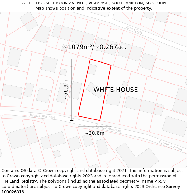 WHITE HOUSE, BROOK AVENUE, WARSASH, SOUTHAMPTON, SO31 9HN: Plot and title map