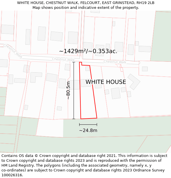 WHITE HOUSE, CHESTNUT WALK, FELCOURT, EAST GRINSTEAD, RH19 2LB: Plot and title map