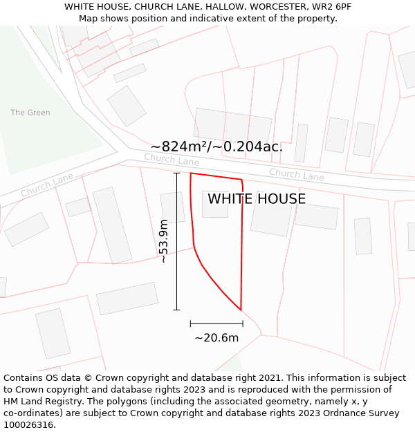 WHITE HOUSE, CHURCH LANE, HALLOW, WORCESTER, WR2 6PF: Plot and title map